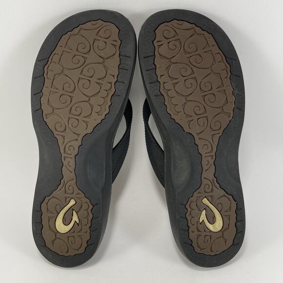 Olukai Ohana Leather Flip Flops Womens Size 8 Black Hawaiian Beach Sandals - Picture 7 of 9